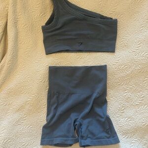Gymshark Slate Blue One-Shoulder Sports Bra & High-Waist Bike Shorts Set